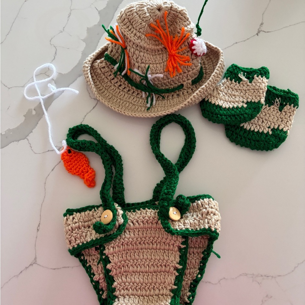 Handmade Crochet Kids Accessory Set - Green and Tan